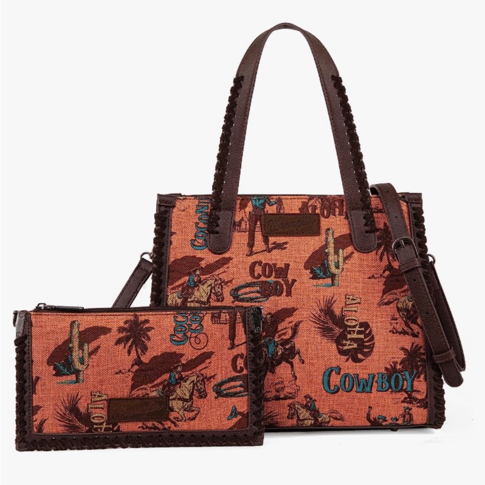 New Wrangler Vintage Retro Cowboy Cool Print Satchel/Crossbody with Wallet